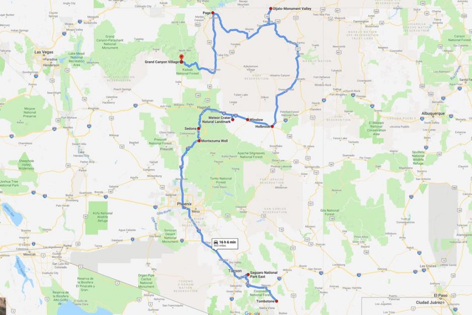 Map of This Arizona Itinerary