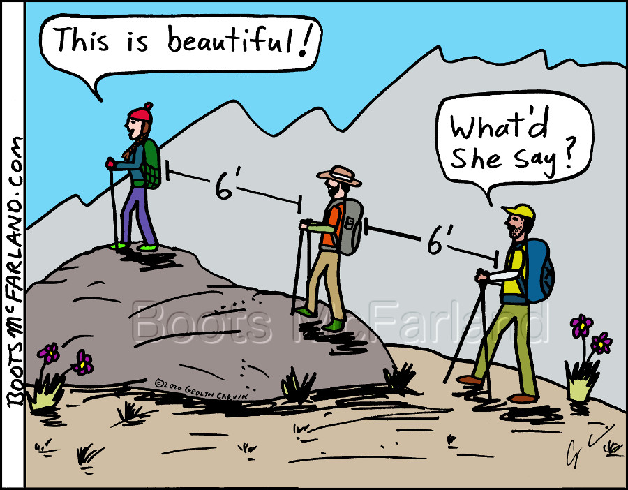 a comic showing hikers with good social distance during quarantine