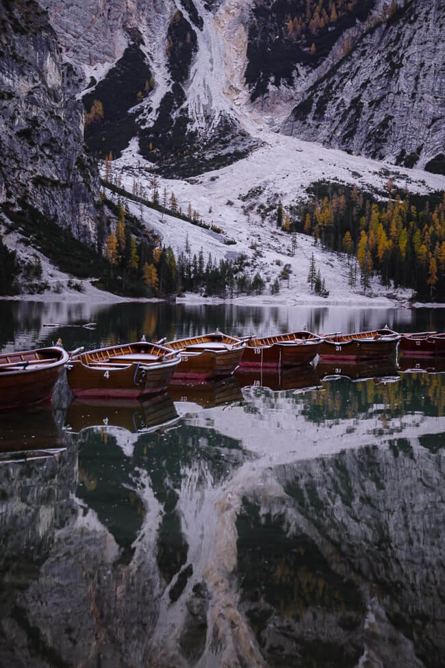 Lago di Braies Wooden Row Boats, Dolomites, Italy