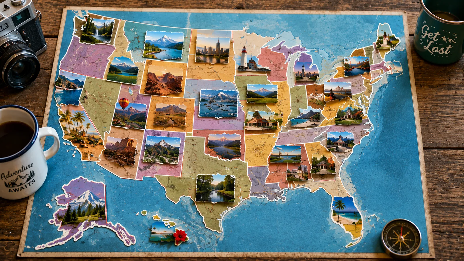 Scenic small-town streets and lake views representing affordable weekend getaways